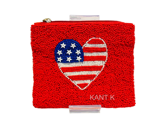 Patriotic 4th of July Red Beaded Coin Purse