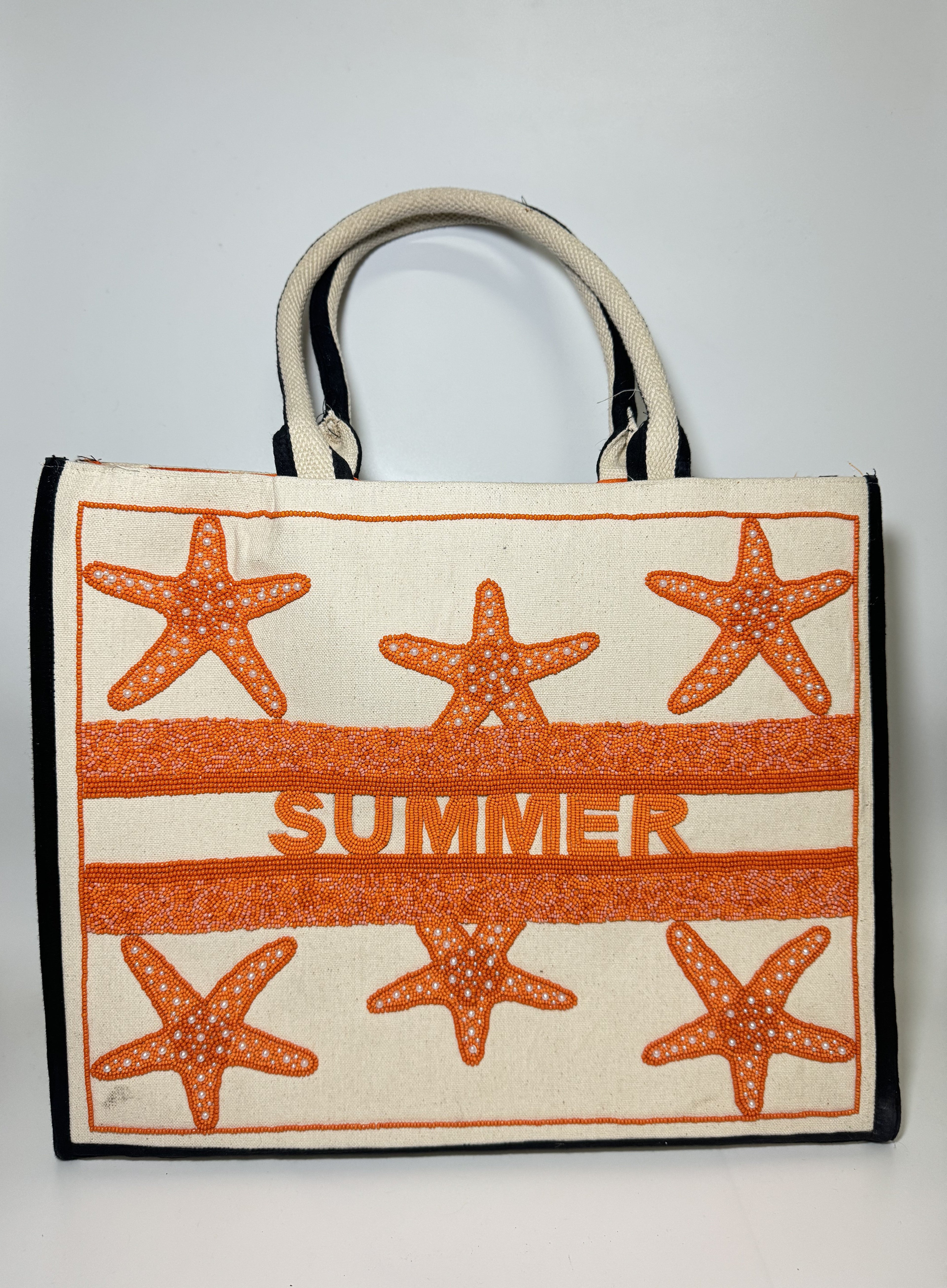 SUMMER Starfish Beaded Canvas Tote Bag