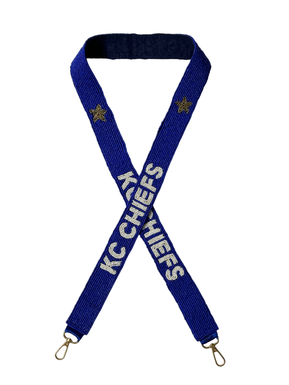 The KC Chiefs Gameday Beaded Purse Strap features a blue and white design with gold stars, white KC CHIEFS text on each side, and sturdy metal clips at both ends—perfect for football fans.