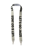 The Handmade LET’S GO JAGS White & Black Beaded Strap features black “LET’S GO JAGS” text on a cream, woven design and is finished with metal lobster claw clasps at both ends.