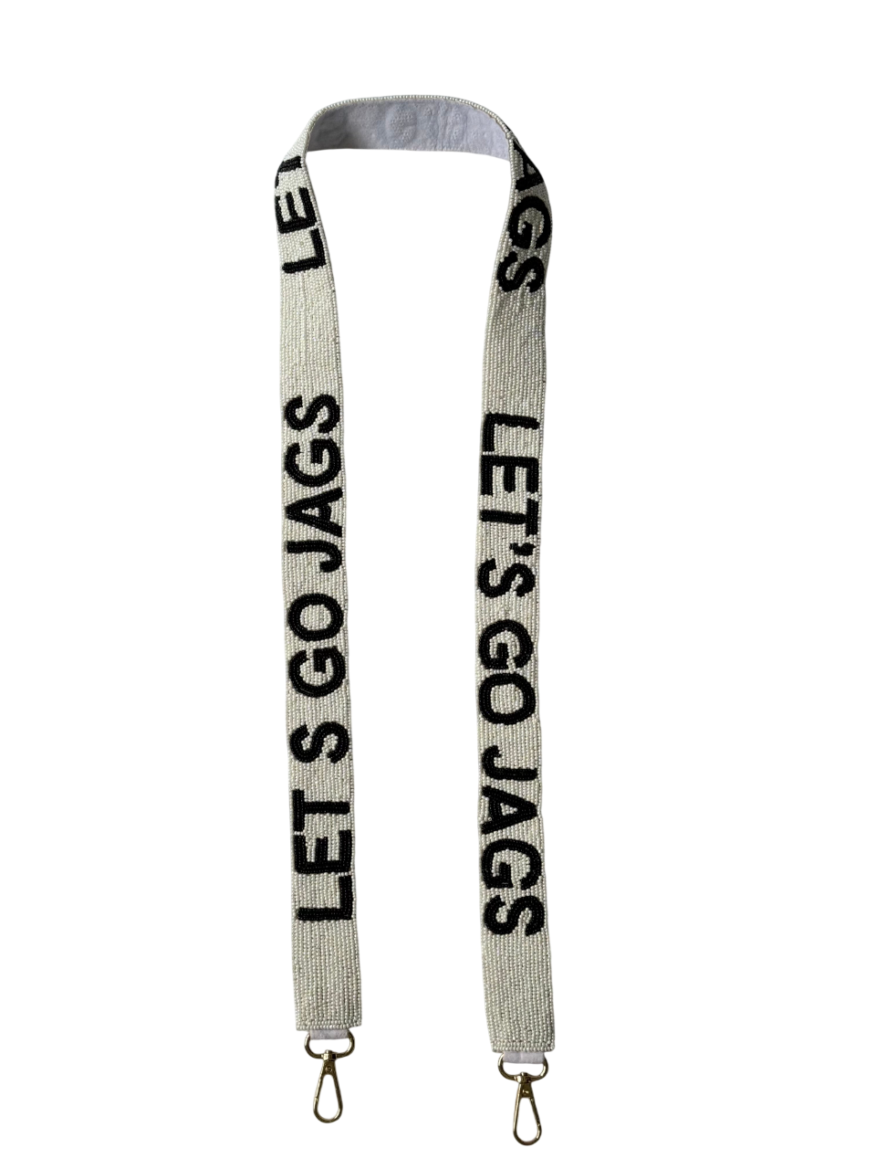 The Handmade LET’S GO JAGS White & Black Beaded Strap features black “LET’S GO JAGS” text on a cream, woven design and is finished with metal lobster claw clasps at both ends.
