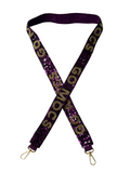 The GO MOCS Purple and Gold Gameday Sequin Purse Strap features sequined lettering and gold lobster clasps—an ideal accessory for game day bags.