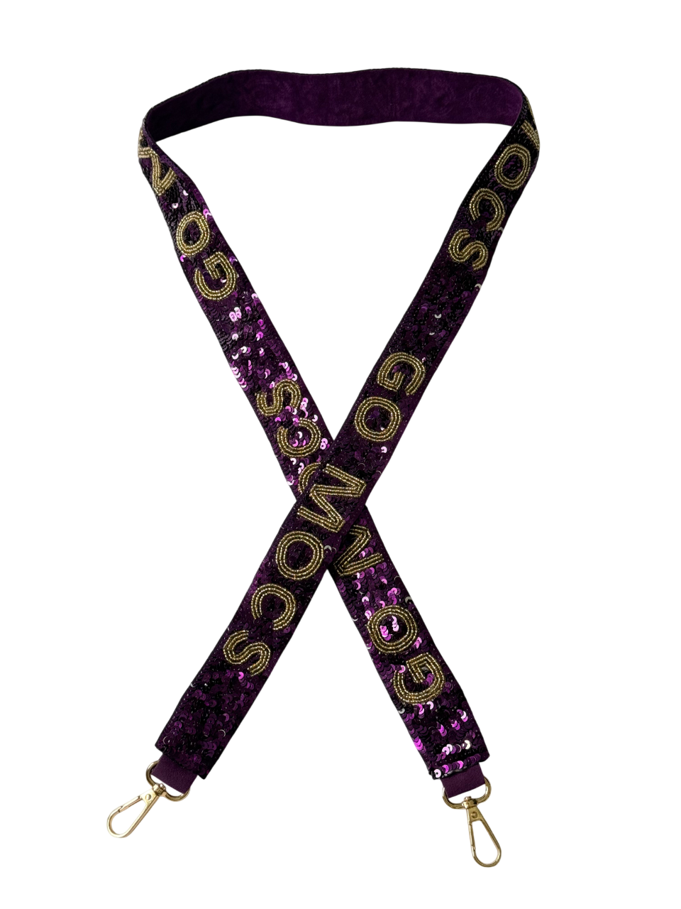 The GO MOCS Purple and Gold Gameday Sequin Purse Strap features sequined lettering and gold lobster clasps—an ideal accessory for game day bags.