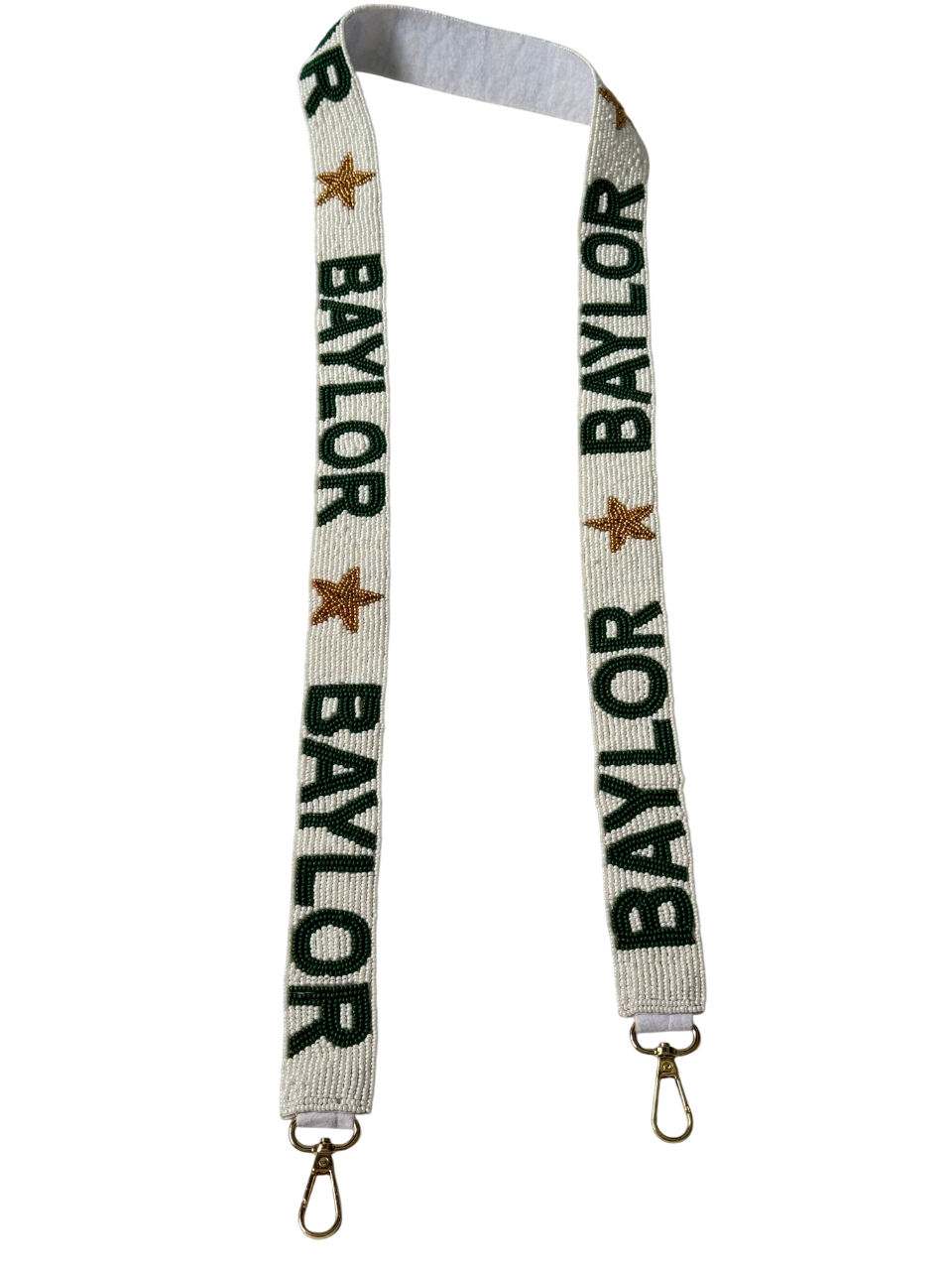 The Handmade BAYLOR Beaded Green & White Bag Strap features repeating “BAYLOR” text, gold stars, and gold lobster claw clasps at both ends.