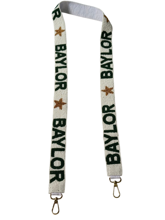 The Handmade BAYLOR Beaded Green & White Bag Strap features repeating “BAYLOR” text, gold stars, and gold lobster claw clasps at both ends.