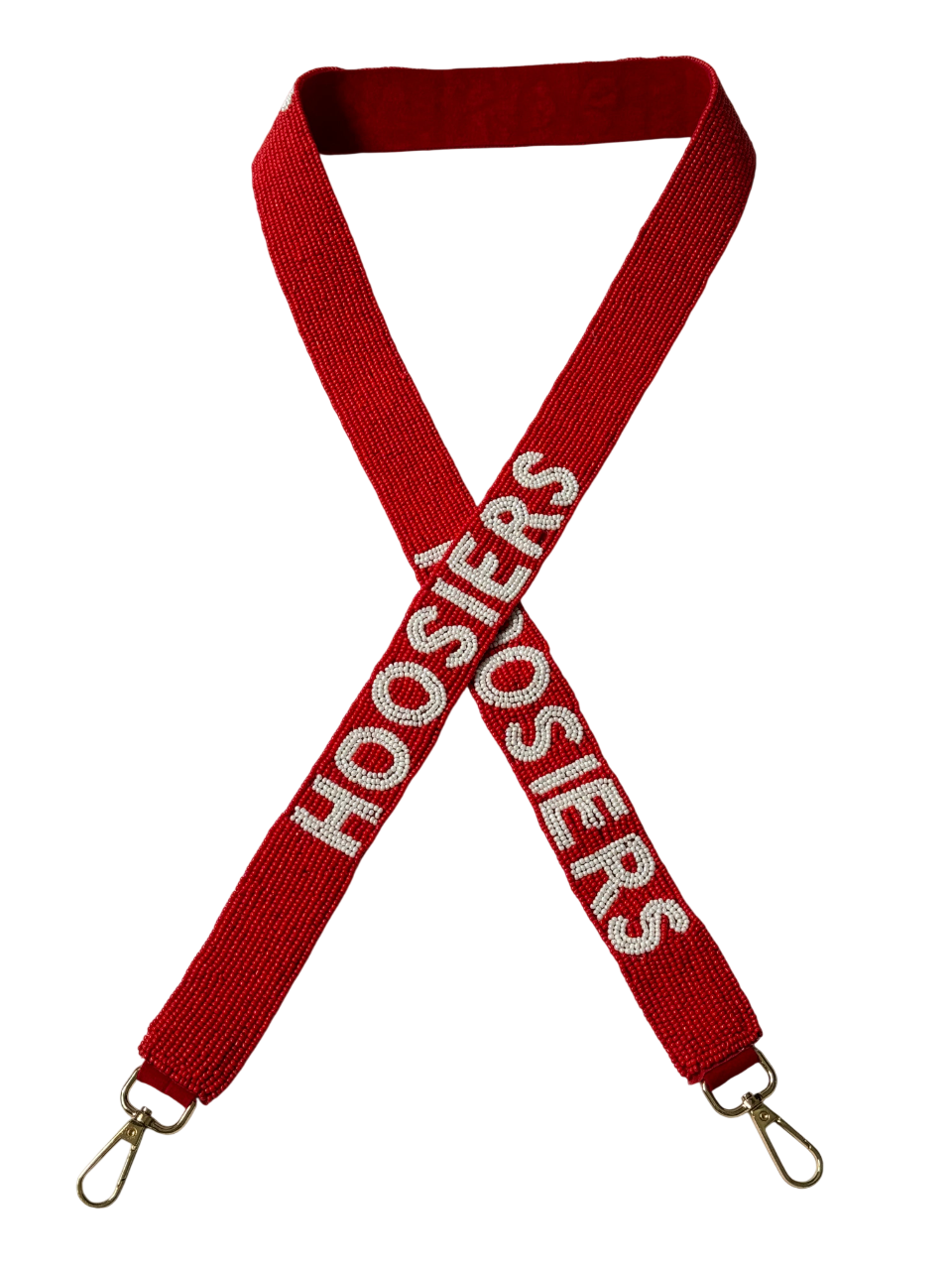 Show your team spirit with the Handcrafted Orange and White HOOSIERS Gameday Beaded Strap, featuring "HOOSIERS" text, an X-shaped design, and sturdy metal clips at both ends—perfect for game day accessories.