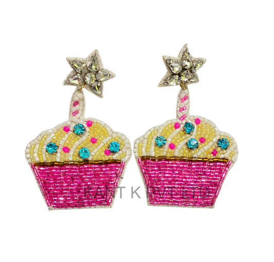 Birthday Cupcake Beaded Earrings Colorful Handmade Party Dessert Dangle Earrings