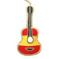 The Handmade Guitar Shape Beaded Ornament features a yellow and red body, black neck, gold trim, and a thin gold string—making it a unique handmade gift.