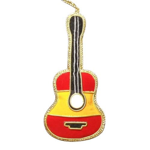 The Handmade Guitar Shape Beaded Ornament features a yellow and red body, black neck, gold trim, and a thin gold string—making it a unique handmade gift.