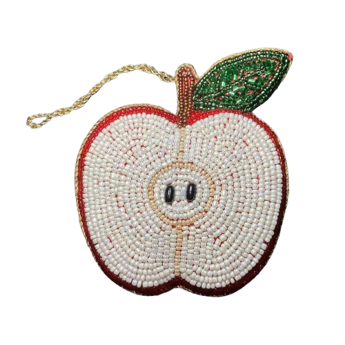 The Handcrafted Apple Fruit Shape Beaded Ornament features white and red beads for the apple, black bead seeds, a green leaf, and a gold loop for easy hanging—a perfect handmade gift.
