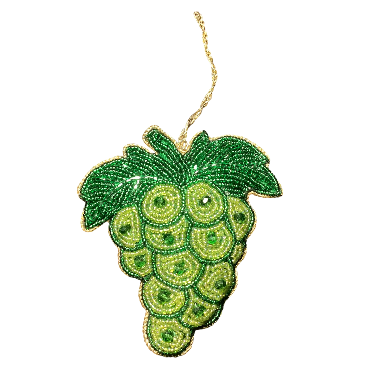 The Handcrafted Grapes Shape Beaded Ornament, detailed with gold thread and a hanging loop, is a beautiful addition to your holiday décor or makes a unique handmade gift.
