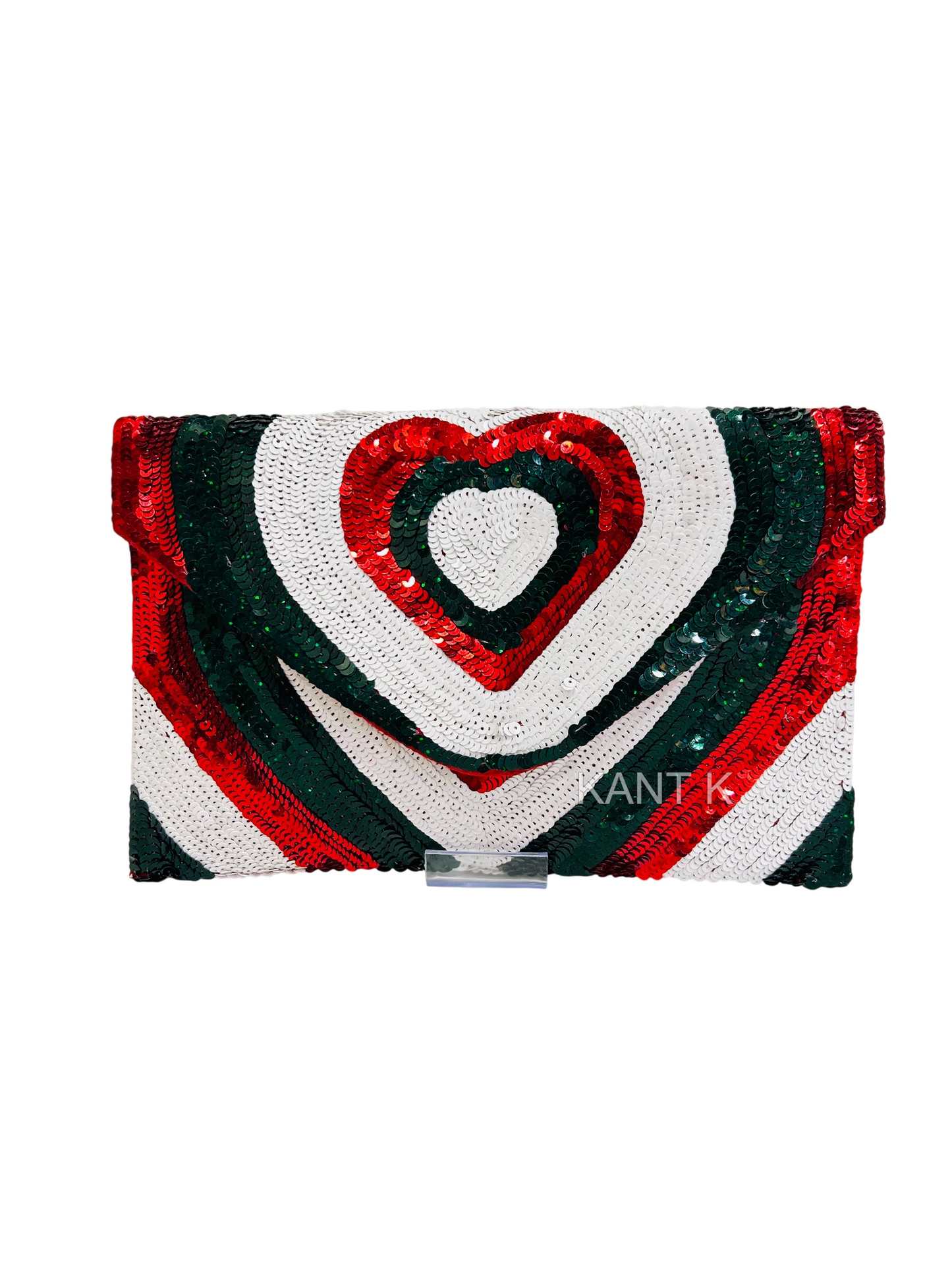Envelope Clutch with Green Red & White Sequined Heart Design