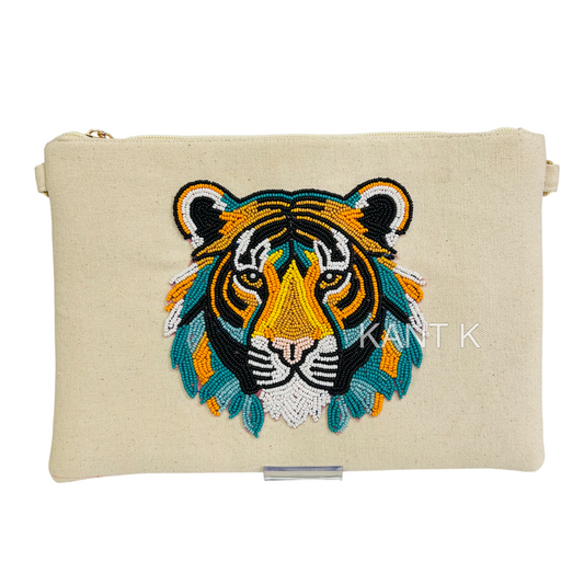 Handcrafted Canvas Zipper Pouch with Vibrant Multi-Colored Beaded Tiger Face
