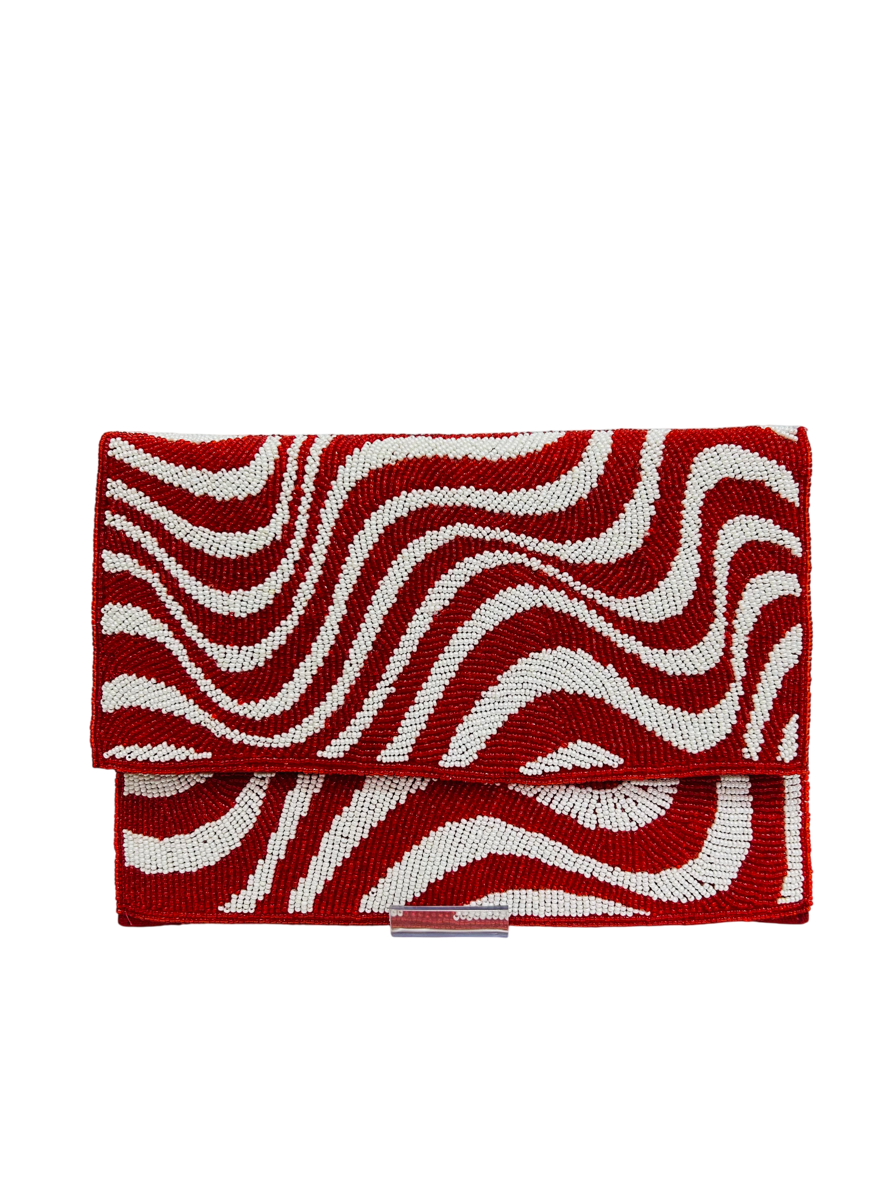 Handcrafted Red and White Beaded Wave Clutch Statement Evening Bag