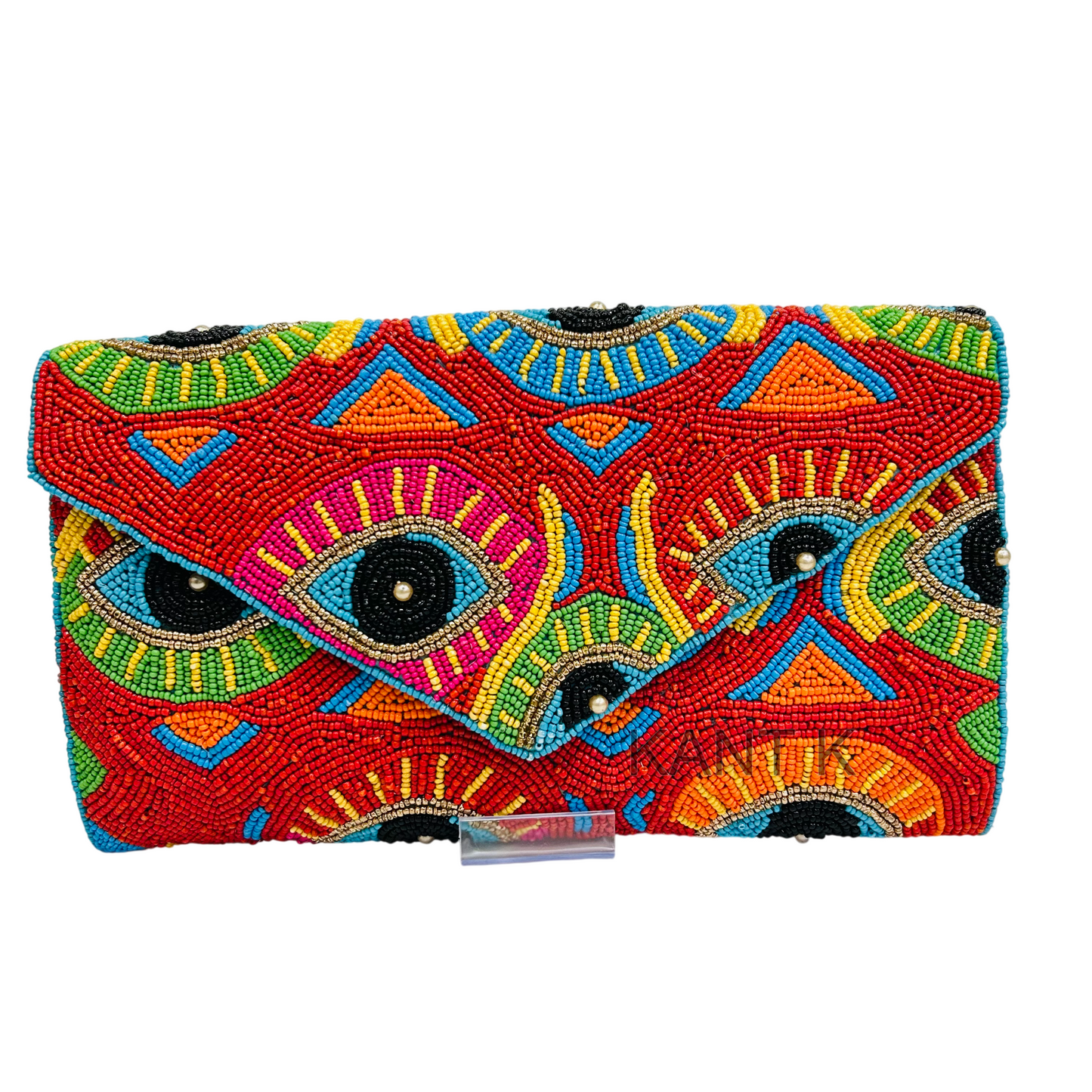 Handcrafted Beaded Evil Eye Canvas Clutch with Magnetic Closure