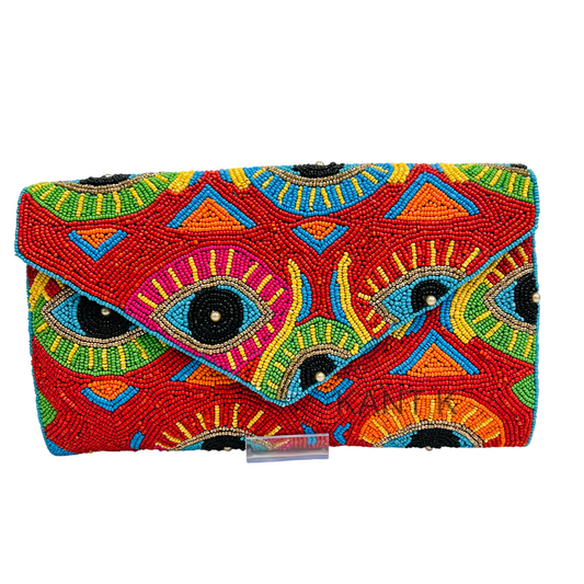 Handcrafted Beaded Evil Eye Canvas Clutch with Magnetic Closure