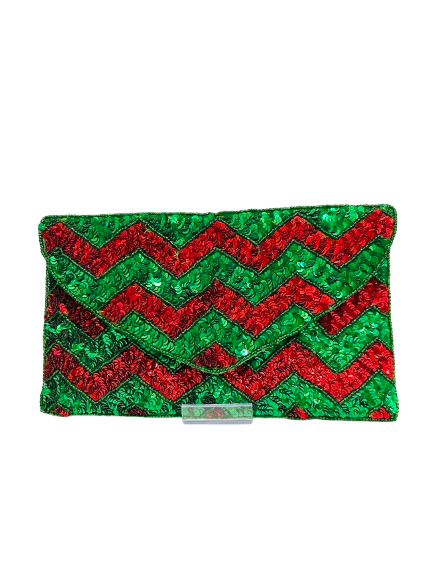 Green & Red Hand-Beaded Clutch Festive Statement Evening Bag