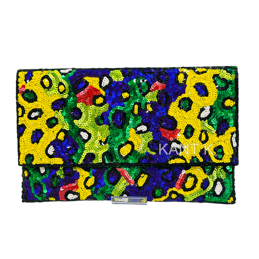 Hand-Beaded Multicolor Leopard Print Clutch Bag Handmade Statement Evening Purse