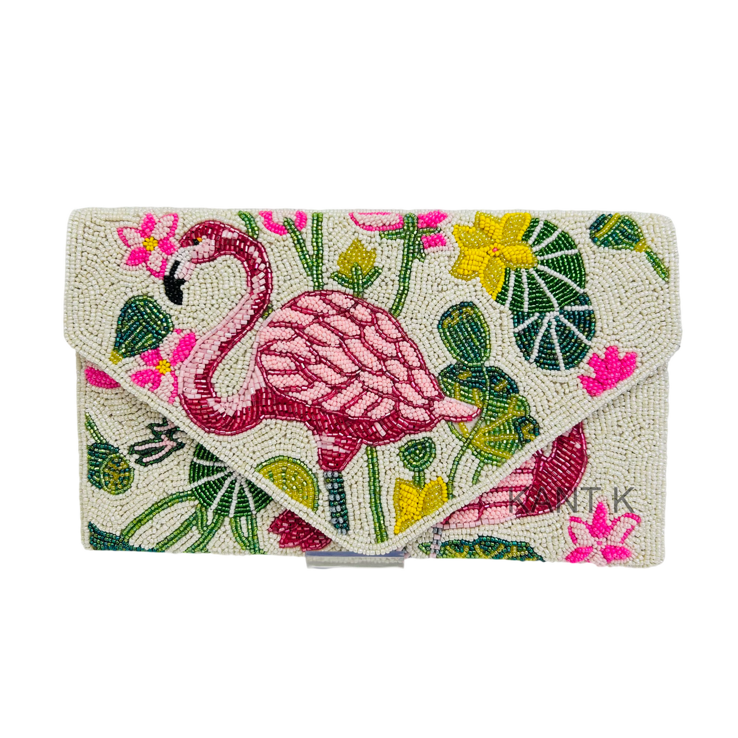 Handmade Pink Flamingo Seed Bead Embroidered Flap Clutch Bag