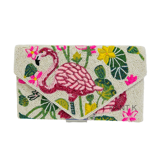 Handmade Pink Flamingo Seed Bead Embroidered Flap Clutch Bag