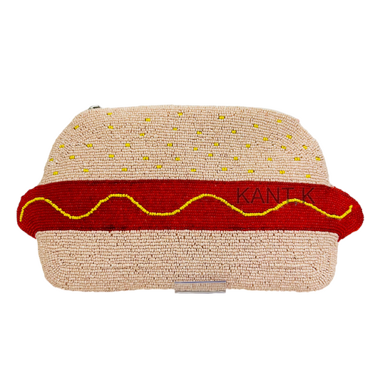 Hot Dog Beaded Pouch Handmade Fun Food Coin Purse with Zipper