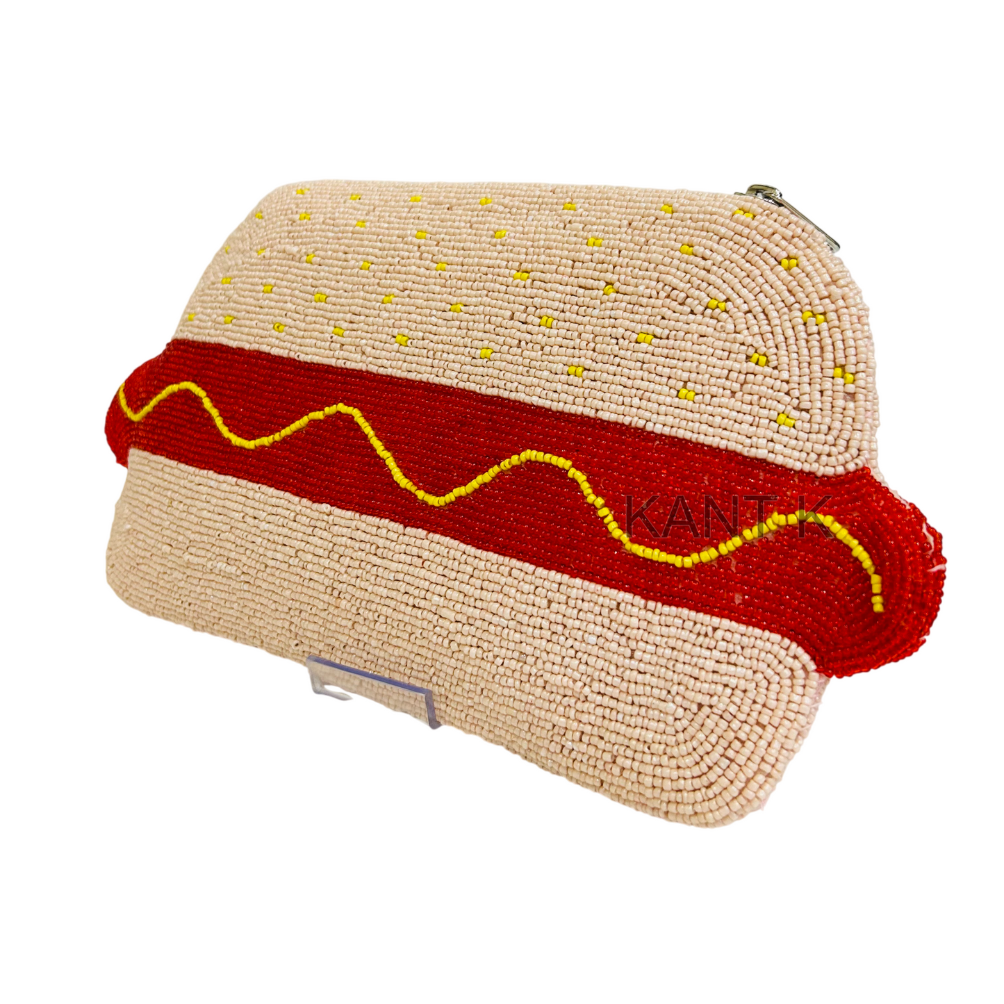 Hot Dog Beaded Pouch Handmade Fun Food Coin Purse with Zipper
