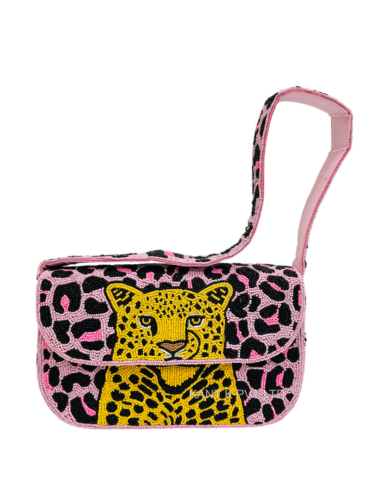 Handcrafted Leopard-Print Beaded Shoulder Bag
