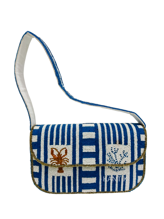Blue-and-White Striped Beaded Bag with Handcrafted Lobster Design
