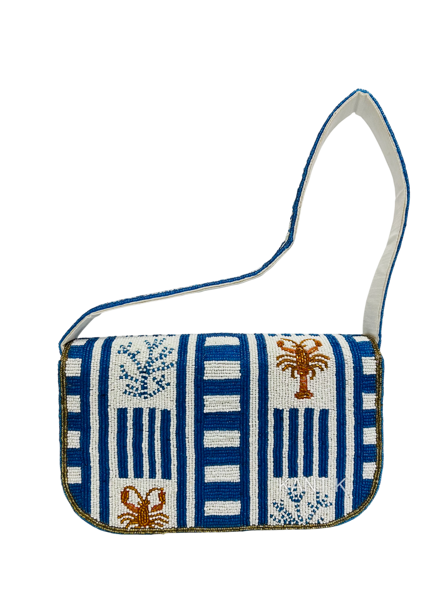 Blue-and-White Striped Beaded Bag with Handcrafted Lobster Design