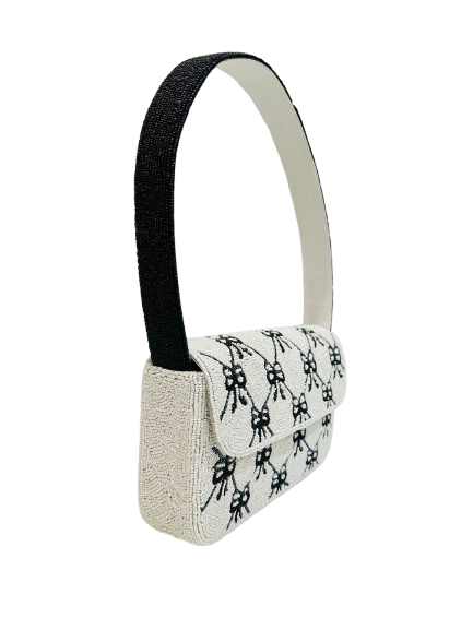 Handmade Black & White Beaded Bow Handbag for Women