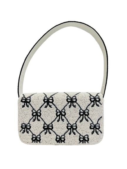 Handmade Black & White Beaded Bow Handbag for Women