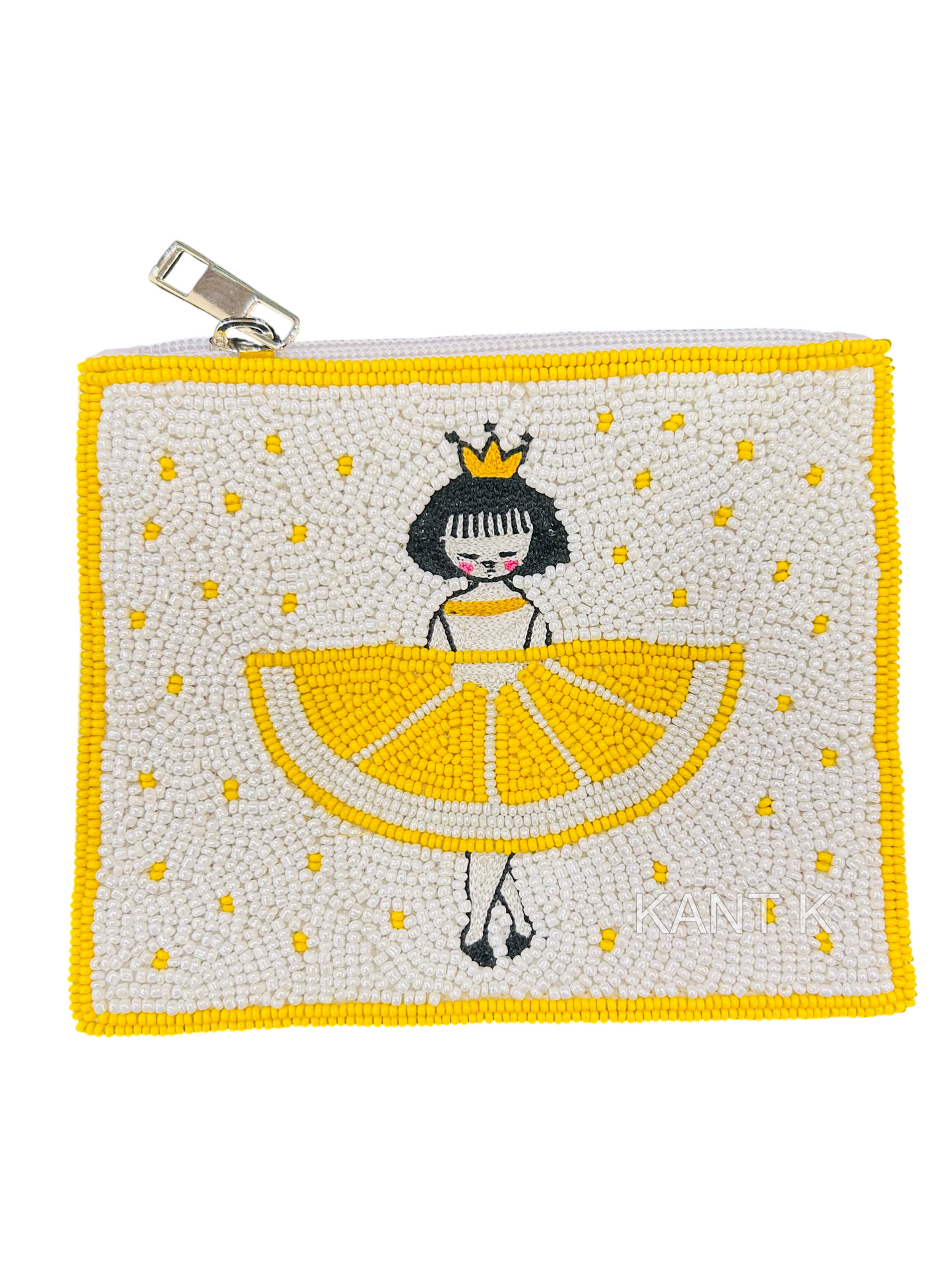 White and Yellow Beaded Coin Pouch with Lemon-Slice Skirt Girl