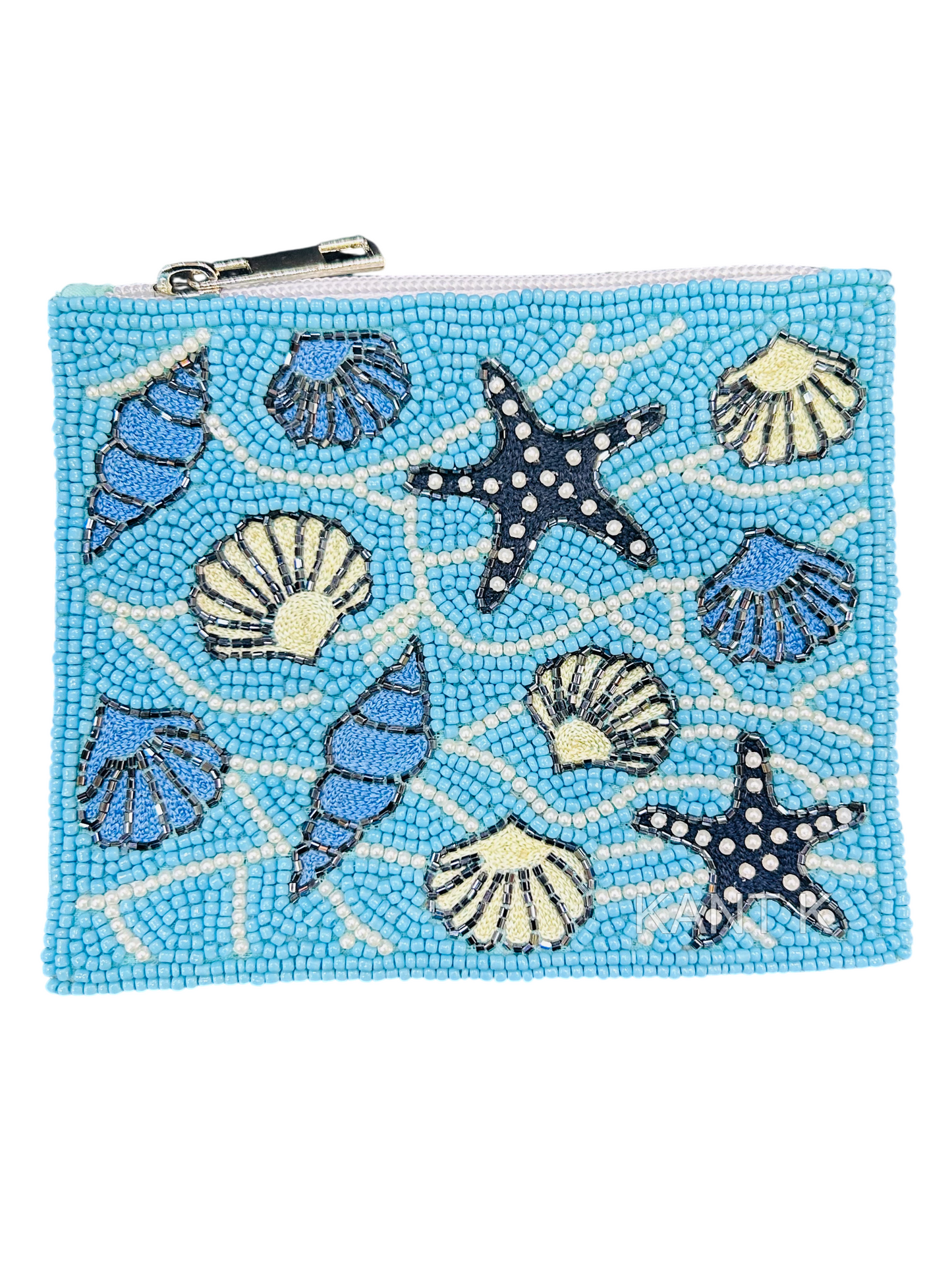 Light Blue Beaded Coin Purse with Embroidered Seashell and Starfish Patterns, Coastal-Inspired Handcrafted Small Zipper Pouch