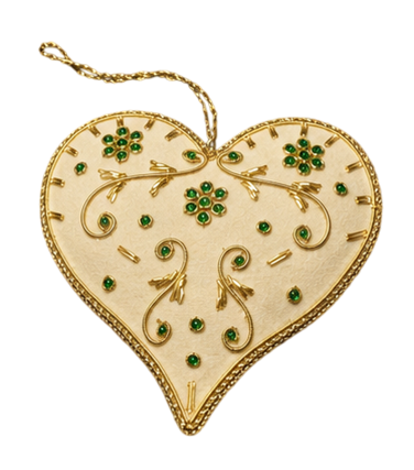 White, Green and Gold Heart Shape Handmade Beaded Ornament