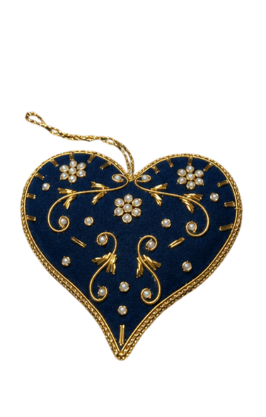 Navy Blue Heart Shape Handmade Gold Embroidery Ornament