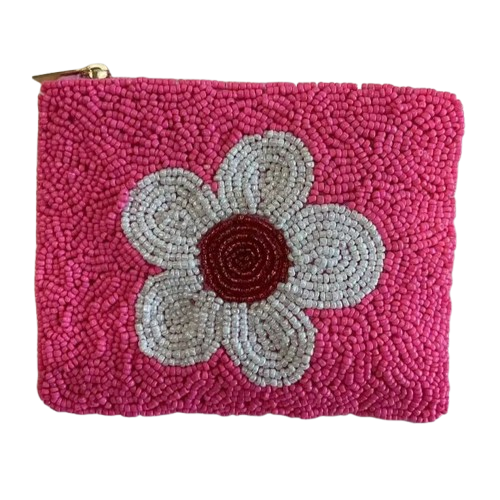Pink and White Floral Beaded Coin Purse