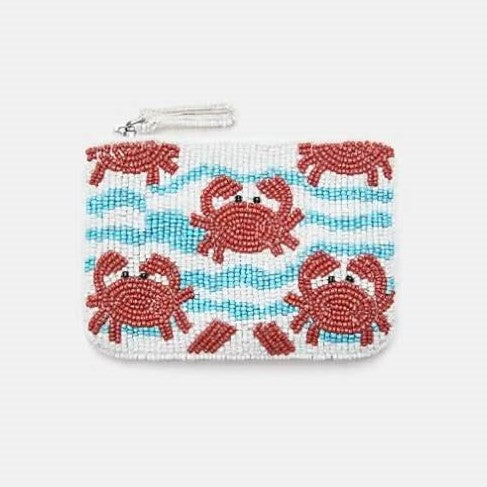 Handmade Beaded Coin Purse with Vibrant Embroidered Crab Design