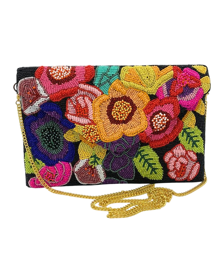 Handmade Multi-Colored Floral Beaded Clutch Purse with Gold Chain Strap