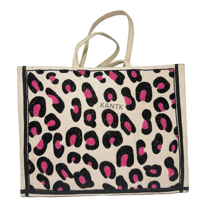 Pink & Black Leopard Beaded Canvas Tote Bag