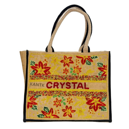 CRYSTAL Natural Jute Tote with Red Floral Beading Tote Bag