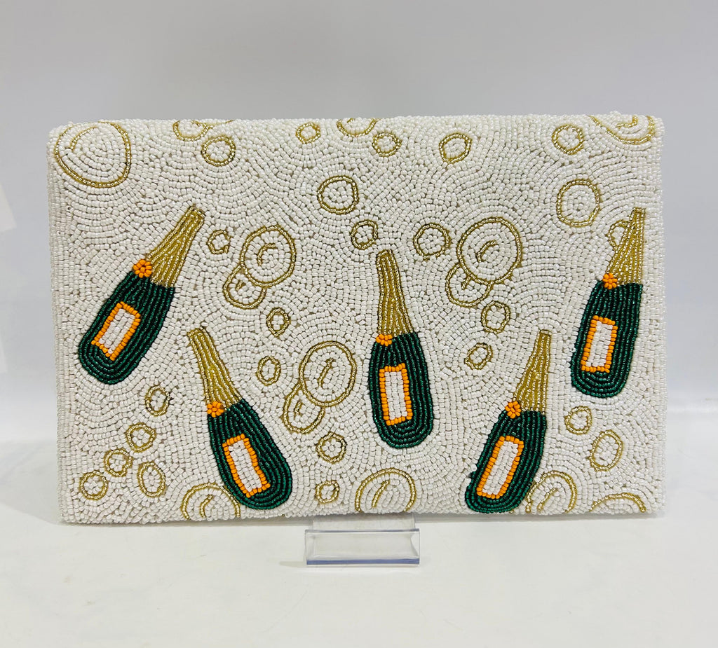 Beaded Champagne Bottle & Bubble Clutch with Chain Strap