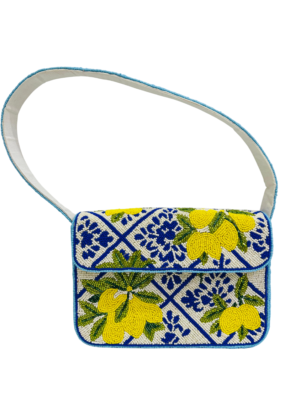 Handcrafted Blue and White Striped Beaded Purse with Lemon Design