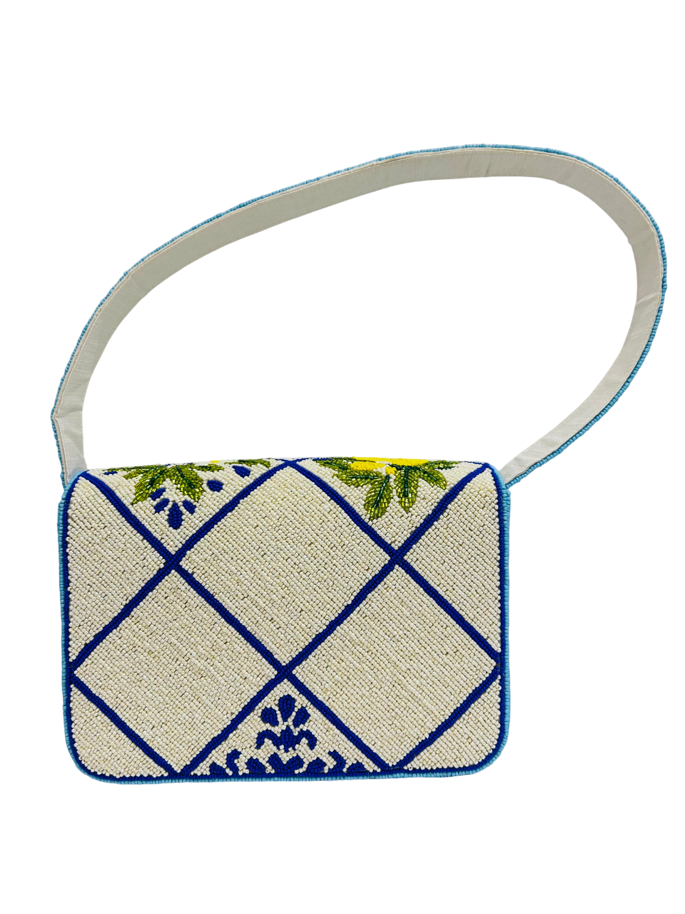 Handcrafted Blue and White Striped Beaded Purse with Lemon Design
