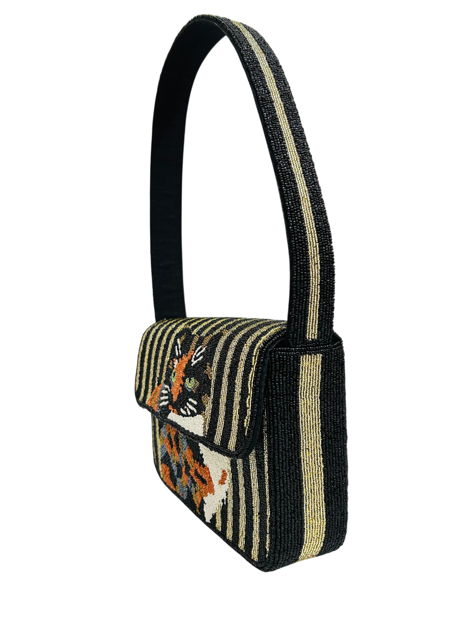 CAT Beaded Shoulder Bag Handmade Seed Bead Purse, Artisan Dog Clutch