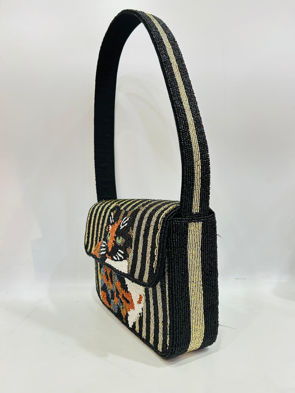 CAT Beaded Shoulder Bag Handmade Seed Bead Purse, Artisan Dog Clutch