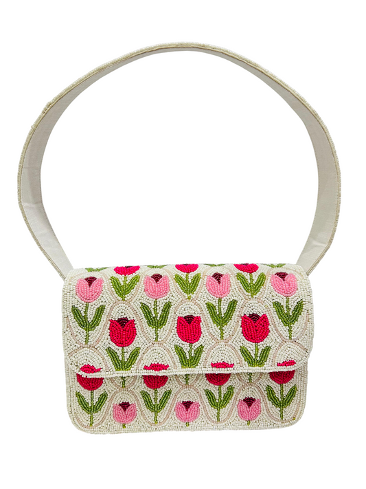 Handmade Flower Beaded Shoulder Bag Beaded Tulip Purse Floral Handbag