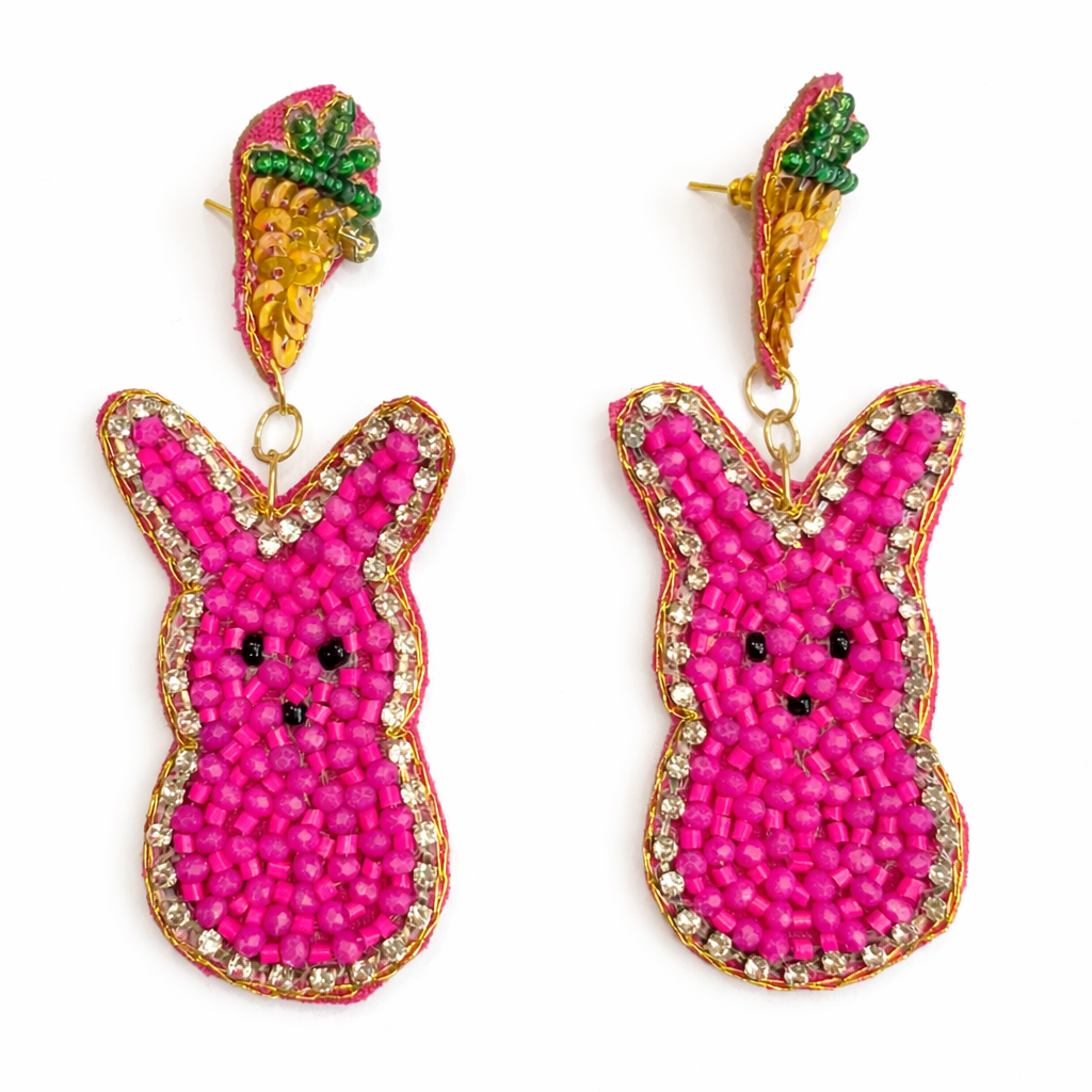 Handmade Pink Peeps Beaded Carrot Easter Bunny Earrings