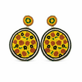 Multi color Floral seed bead earring for girls & women featuring beaded pizza design with a yellow base, brown pepperoni, black olives, and a small circular stud top for a playful twist on classic floral earrings.