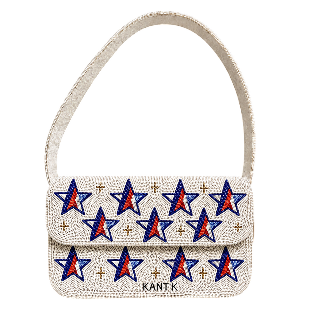 Patriotic Red, Blue and White Star USA Beaded Shoulder Bag 4th of July Sequin Purse