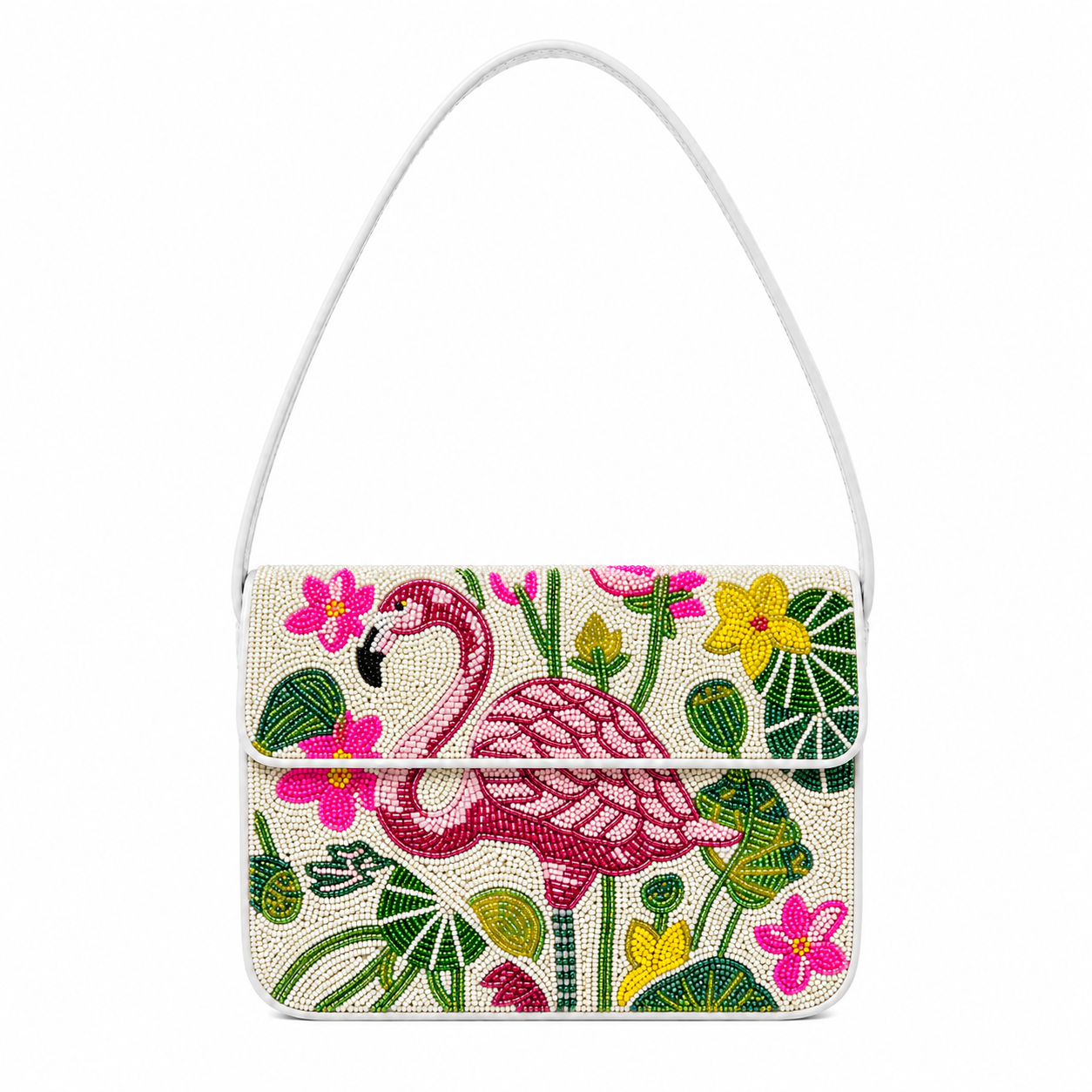 Tropical Themed Beaded Clutch with Vibrant Pink Flamingo
